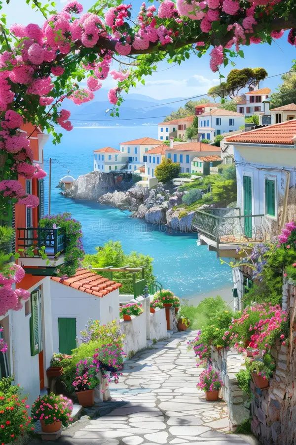 old seaside city greece beautiful vertical view sea flowers sky mountains concept vacation resort summer beach travel 323693204 1